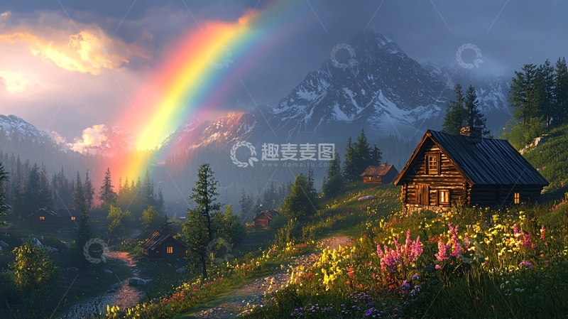 高清大图下载【趣麦麦图】田园小屋彩虹