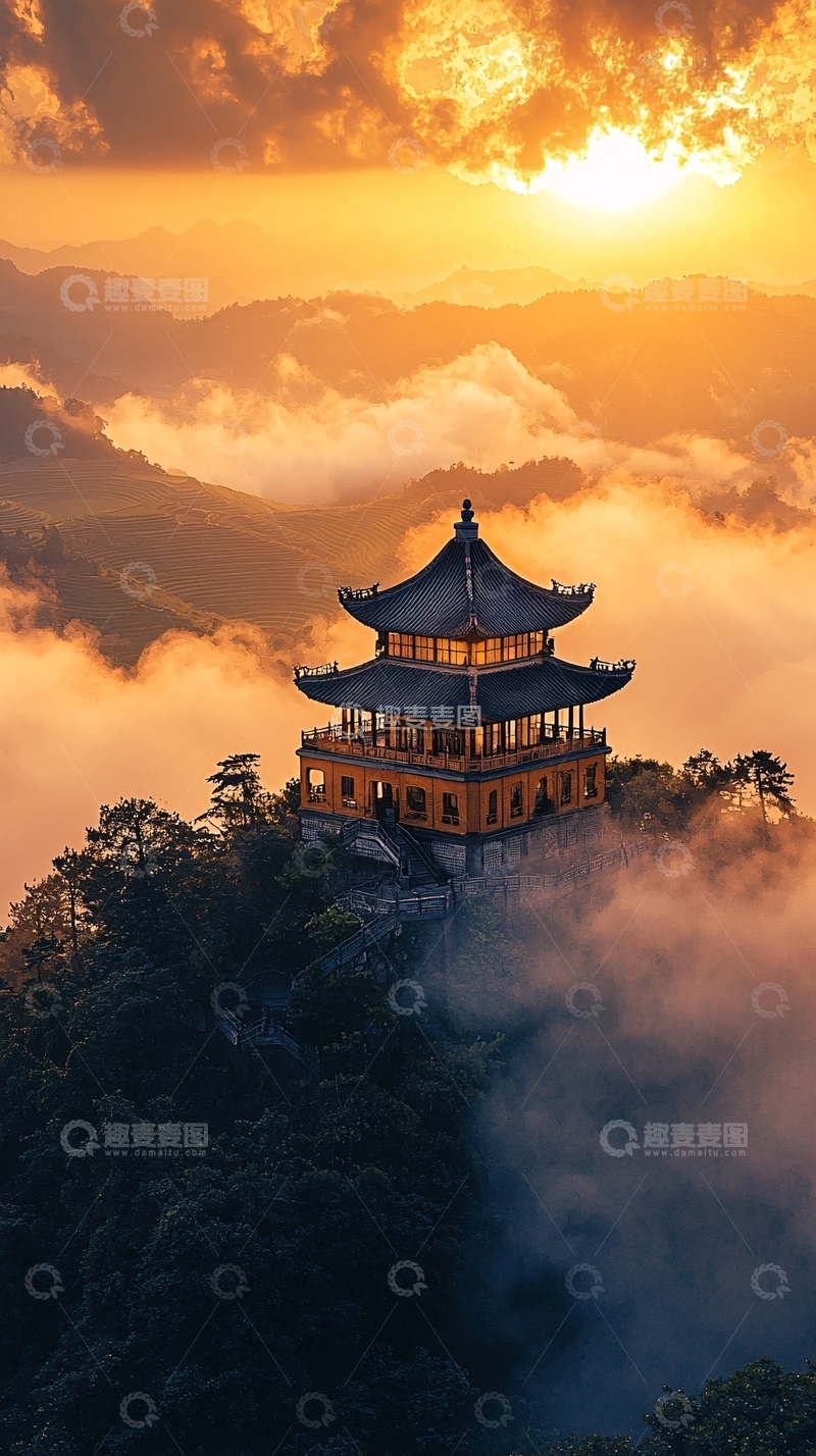 高清大图下载【趣麦麦图】云雾缭绕的山顶寺庙