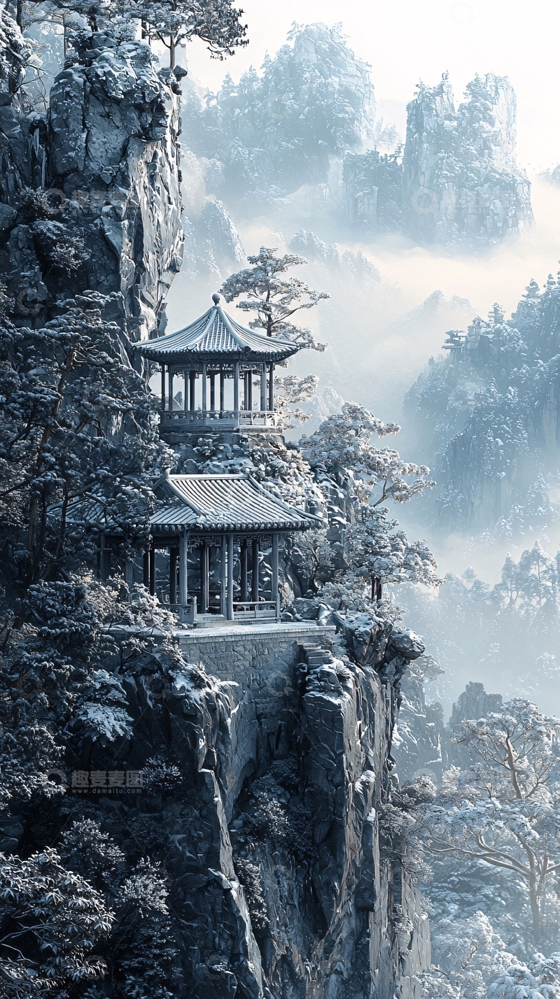 高清大图下载【趣麦麦图】悬崖上的古建筑