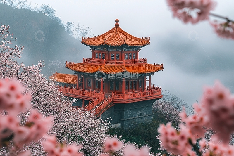 高清大图下载【趣麦麦图】红枫古建筑