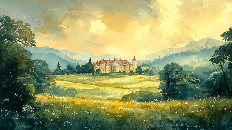 高清大图下载【趣麦麦图】城堡在山丘上的油画