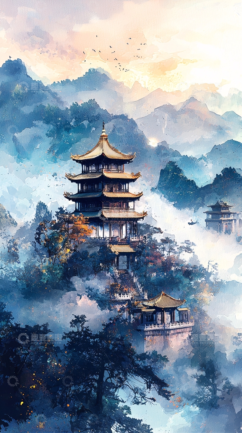 高清大图下载【趣麦麦图】水墨山水间的古建筑