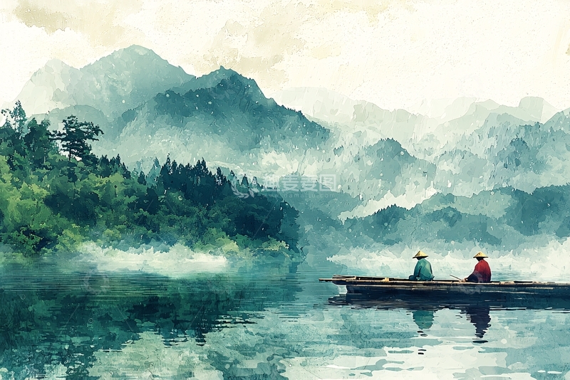 高清大图下载【趣麦麦图】山水画意境悠远二人泛舟
