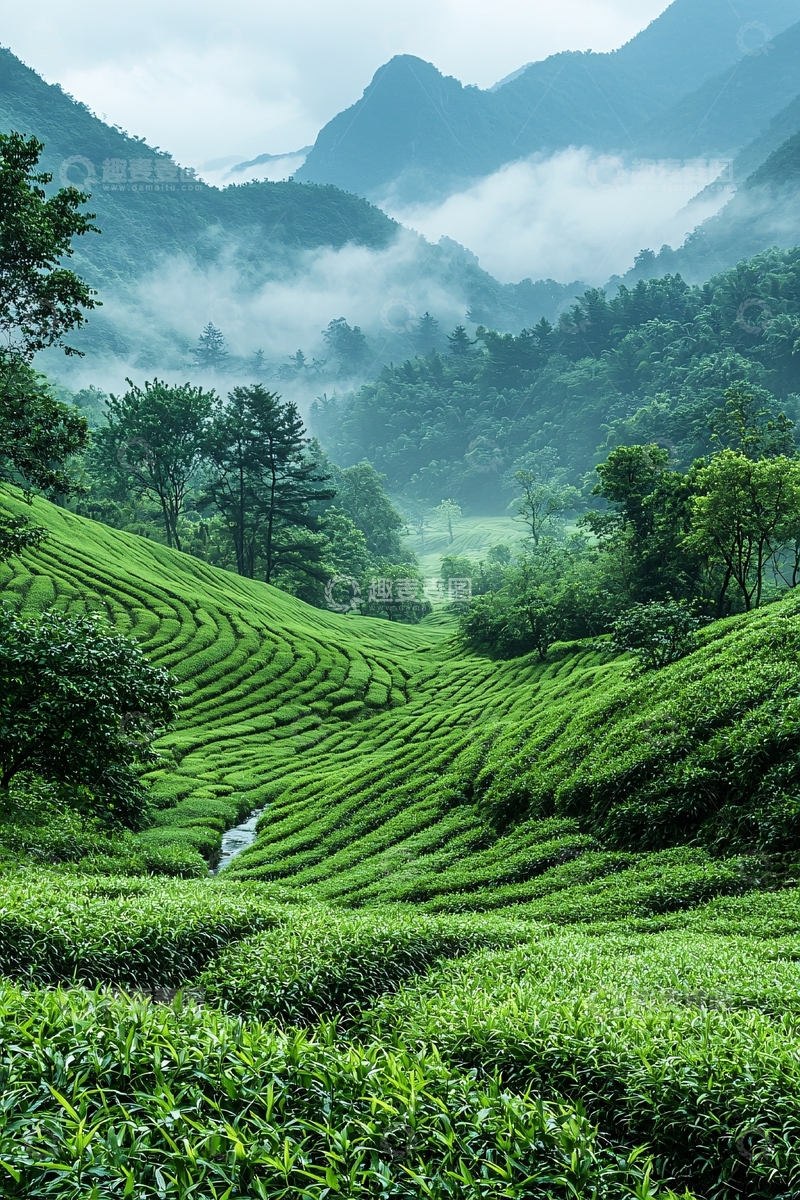 高清大图下载【趣麦麦图】翠绿茶园山峦云雾缭绕