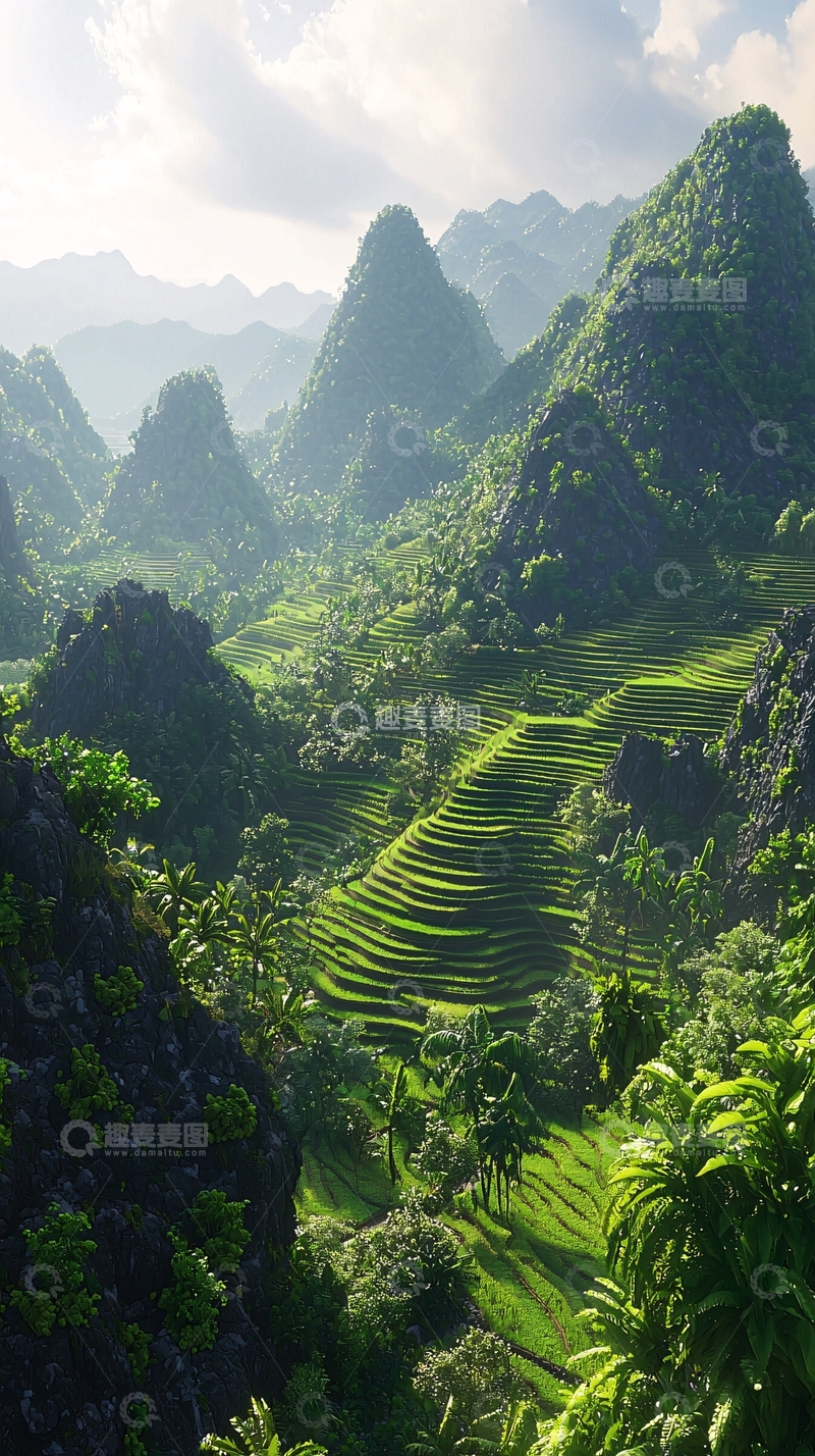 高清大图下载【趣麦麦图】绿色梯田山峦景色