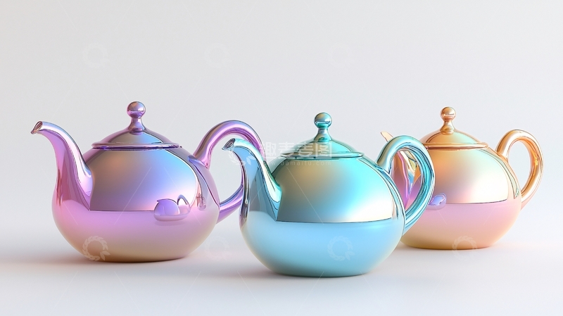 高清大图下载【趣麦麦图】三只彩色金属茶壶