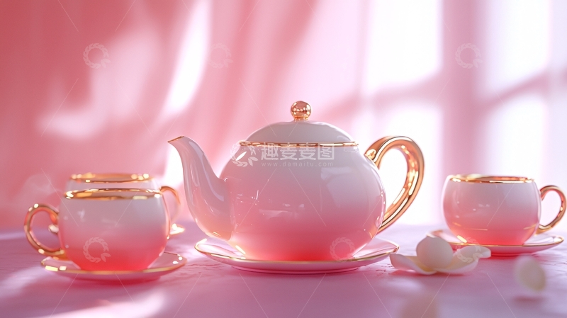 高清大图下载【趣麦麦图】-粉色渐变陶瓷茶具套装