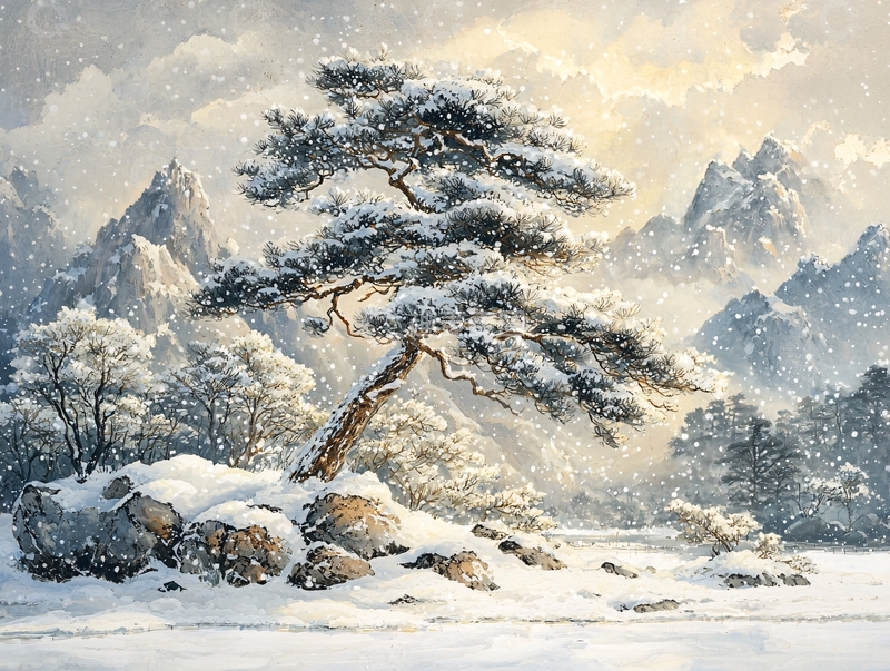 高清大图下载【趣麦麦图】雪山松树水墨画风