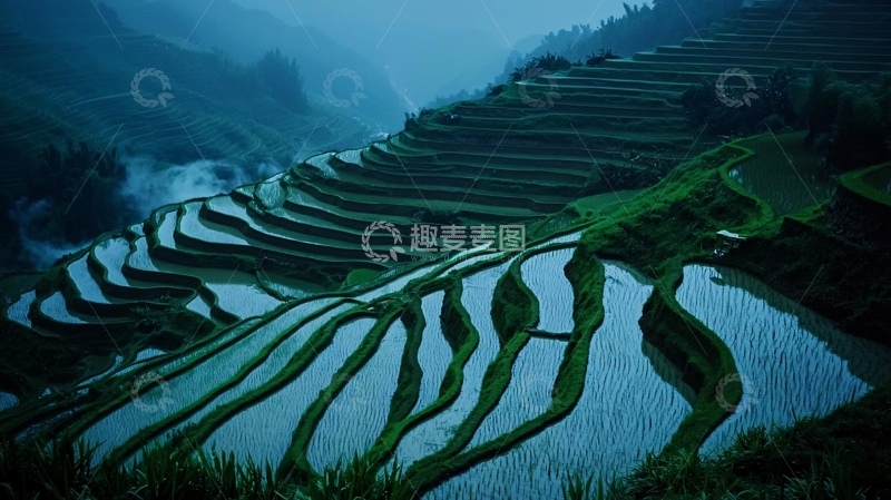 高清大图下载【趣麦麦图】朦胧雨雾中的梯田