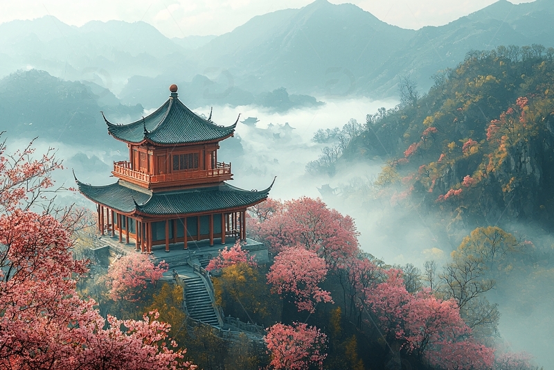 高清大图下载【趣麦麦图】古风山水楼阁云雾缭绕