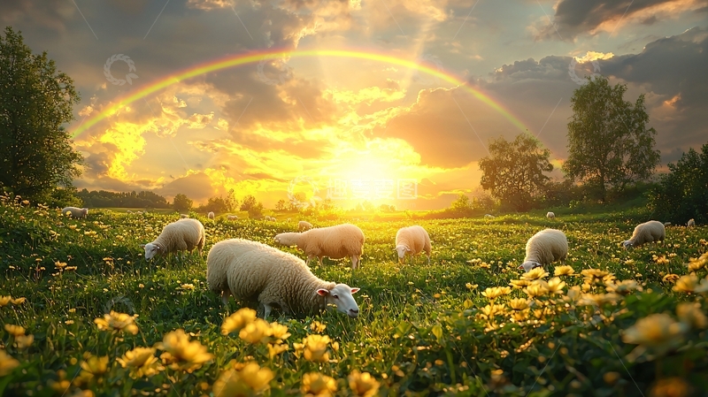 高清大图下载【趣麦麦图】彩虹下田园牧歌