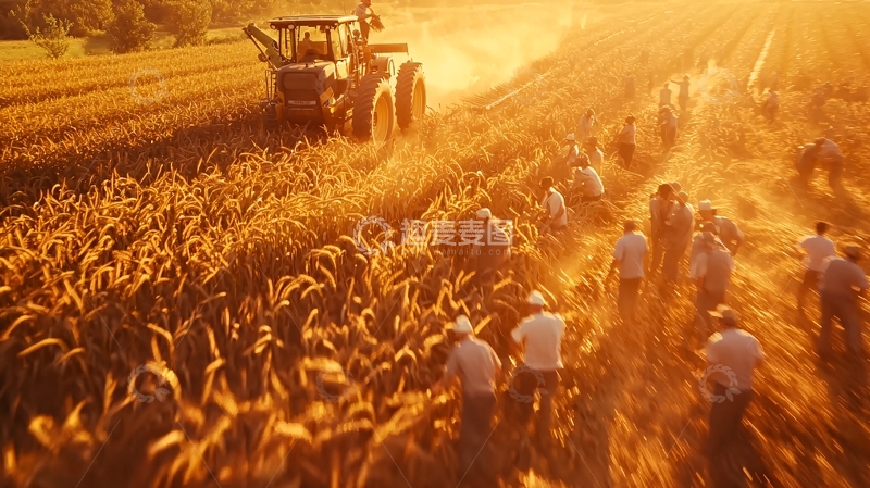 高清大图下载【趣麦麦图】金色麦田收割场景