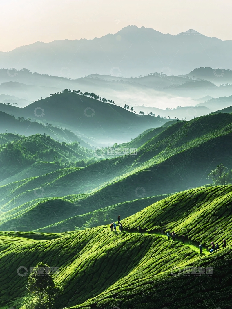 高清大图下载【趣麦麦图】雾气朦胧的山峦茶园