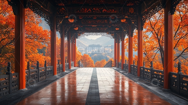 高清大图下载【趣麦麦图】秋日红叶古亭