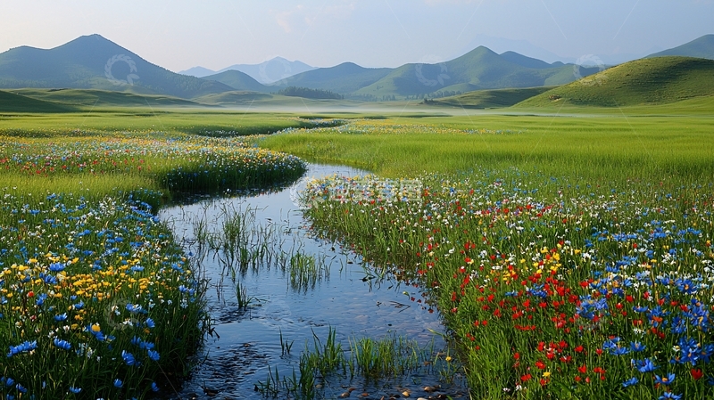 高清大图下载【趣麦麦图】山谷溪流野花盛开