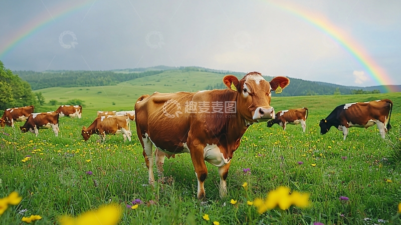 高清大图下载【趣麦麦图】彩虹下牛群牧场