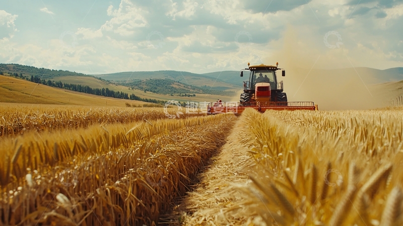 高清大图下载【趣麦麦图】收割机在金黄麦田里作业