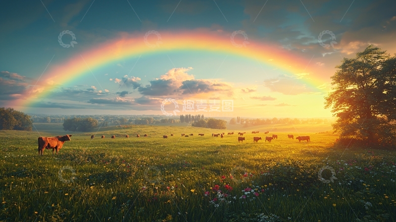 高清大图下载【趣麦麦图】彩虹牧场日出