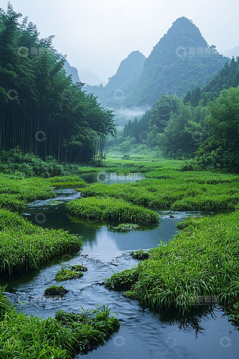 高清大图下载【趣麦麦图】绿色植被环绕的清澈溪流
