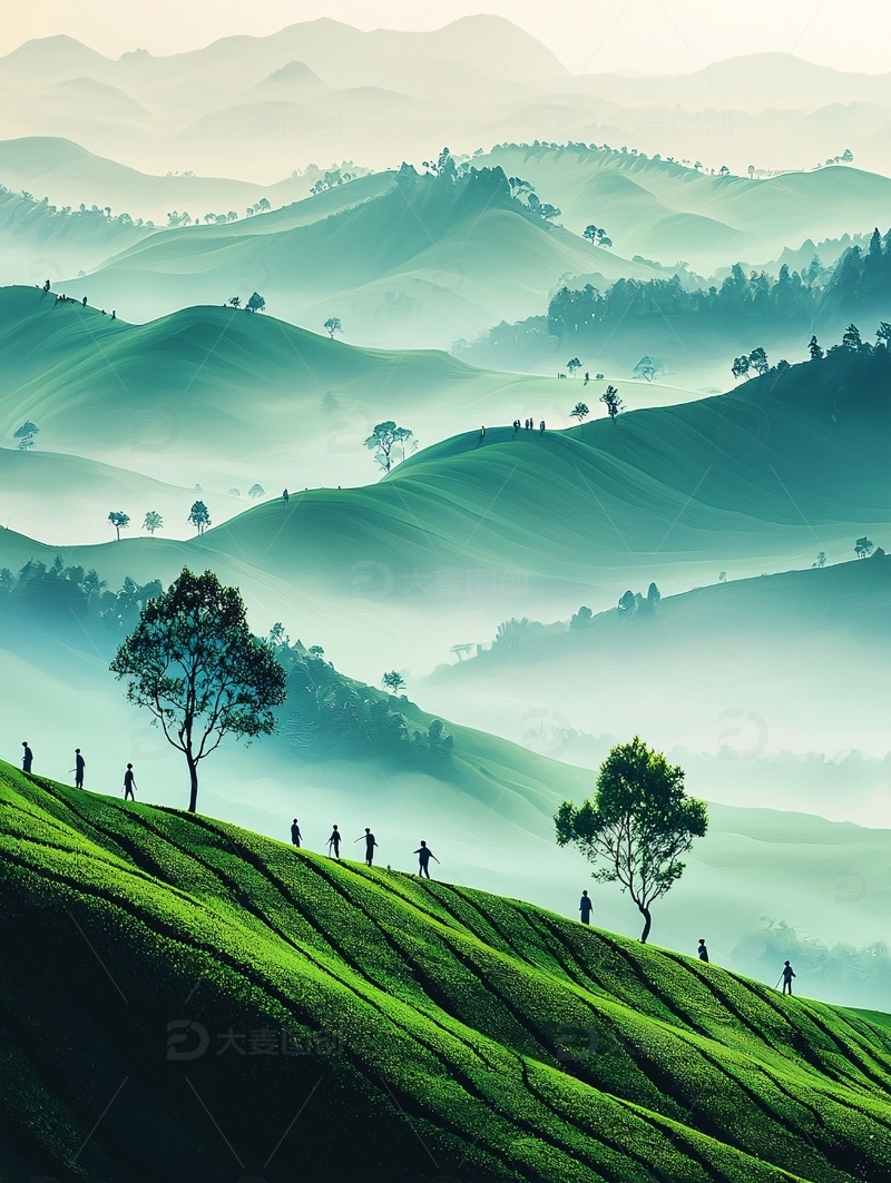 雾气朦胧的山峦茶田