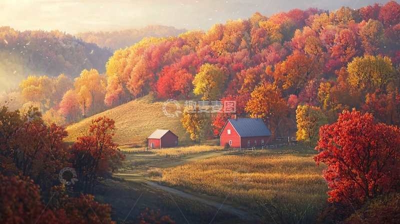 高清大图下载【趣麦麦图】秋日乡间红屋