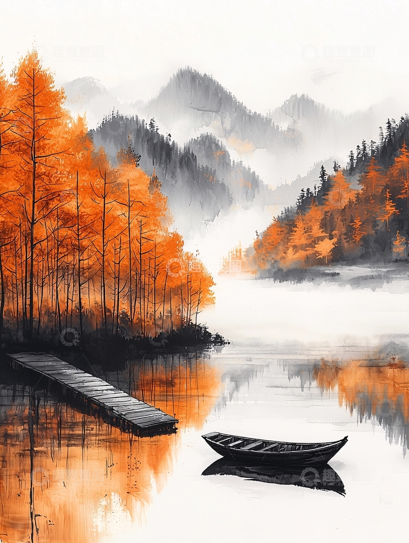 高清大图下载【趣麦麦图】秋色湖畔山景水墨画