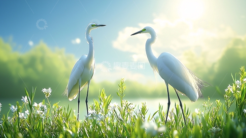 高清大图下载【趣麦麦图】阳光下两只白鹭