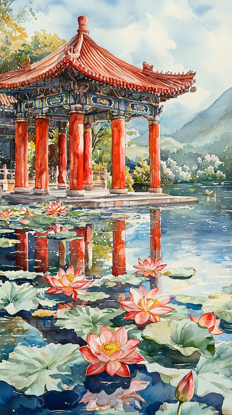 高清大图下载【趣麦麦图】中国风亭台水榭莲花风景