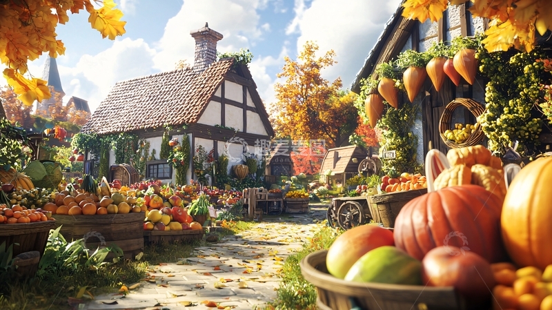高清大图下载【趣麦麦图】秋日小镇丰收集市
