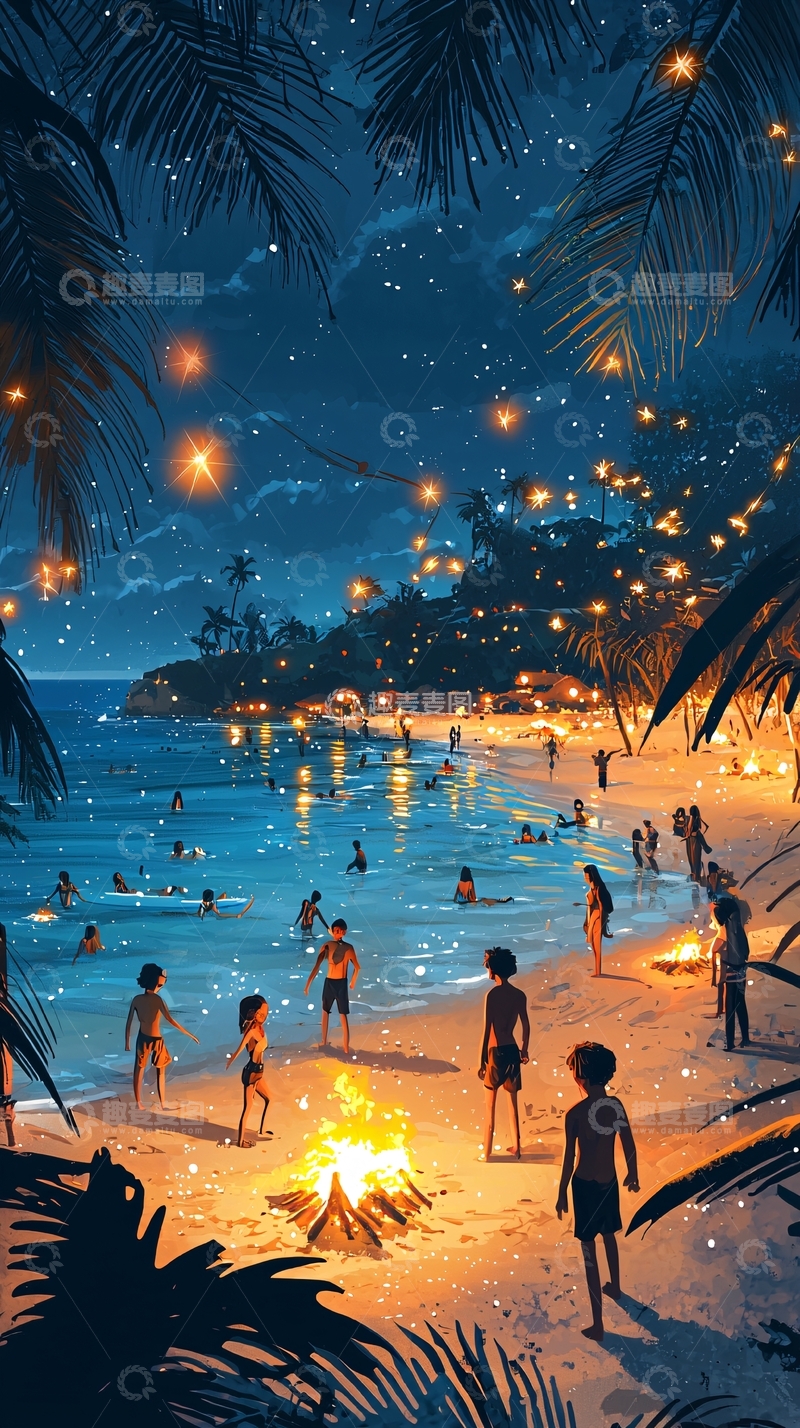 高清大图下载【趣麦麦图】夜晚沙滩派对