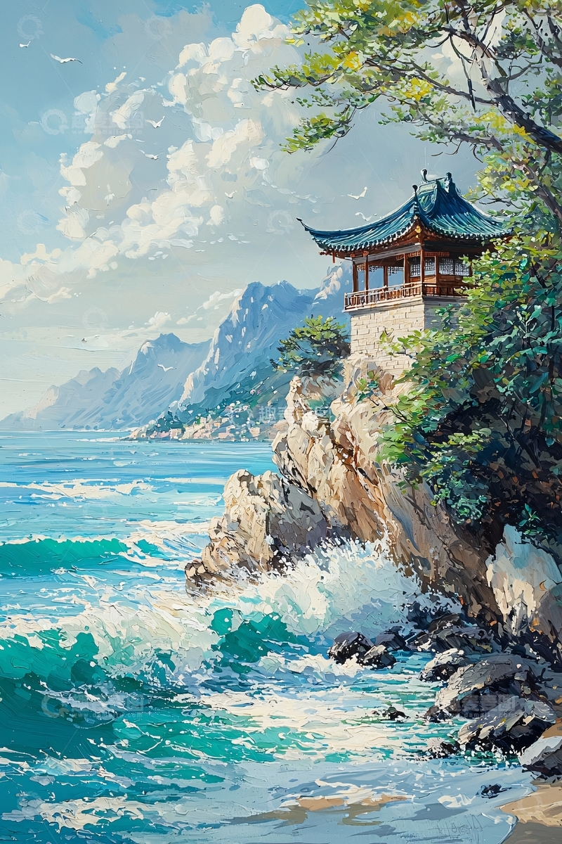 高清大图下载【趣麦麦图】海边悬崖上的中国亭子