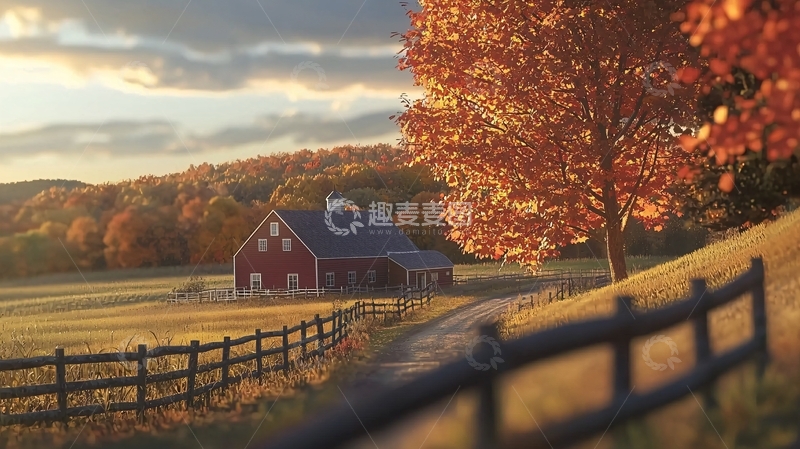 高清大图下载【趣麦麦图】秋日红屋农场景色