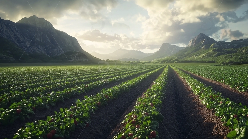 高清大图下载【趣麦麦图】山脉环绕下的绿色田野