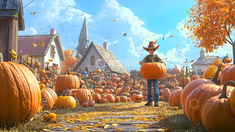 高清大图下载【趣麦麦图】秋日南瓜丰收乡村景色