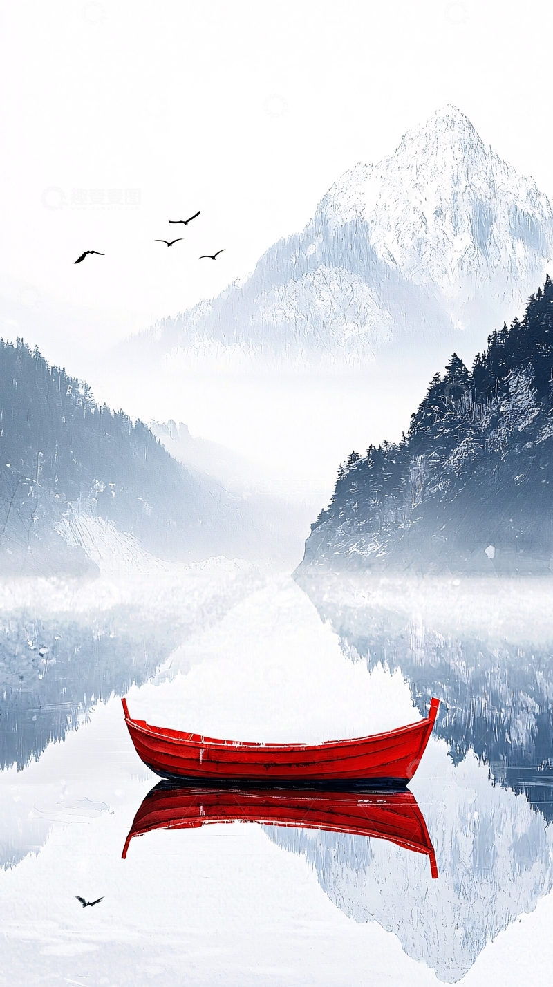 高清大图下载【趣麦麦图】红色小船雪山湖泊