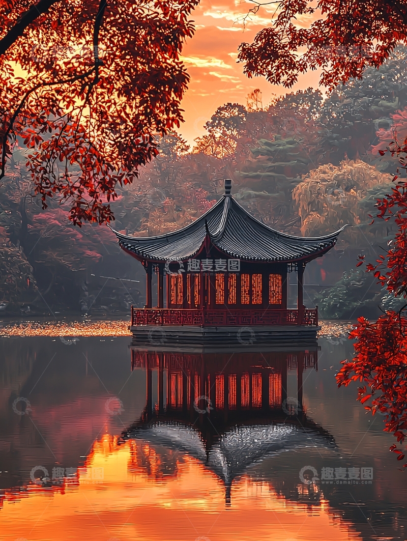高清大图下载【趣麦麦图】秋日湖畔的中国古建筑