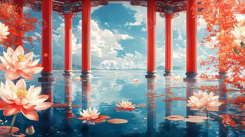 高清大图下载【趣麦麦图】中国风亭台楼阁水面倒影