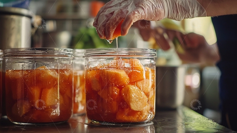 高清大图下载【趣麦麦图】戴手套的手将果酱装入玻璃罐
