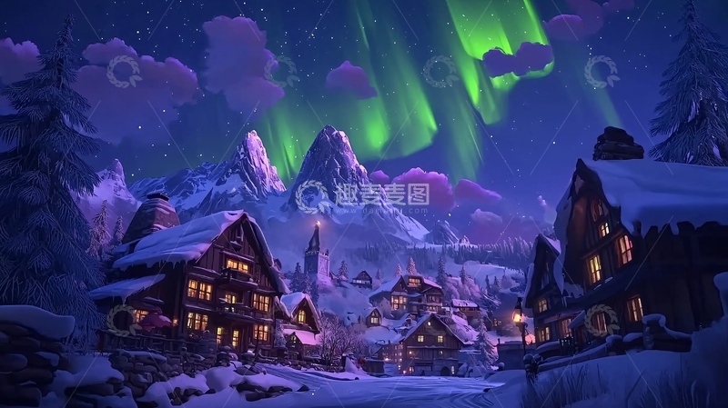 高清大图下载【趣麦麦图】极光下的雪夜村庄