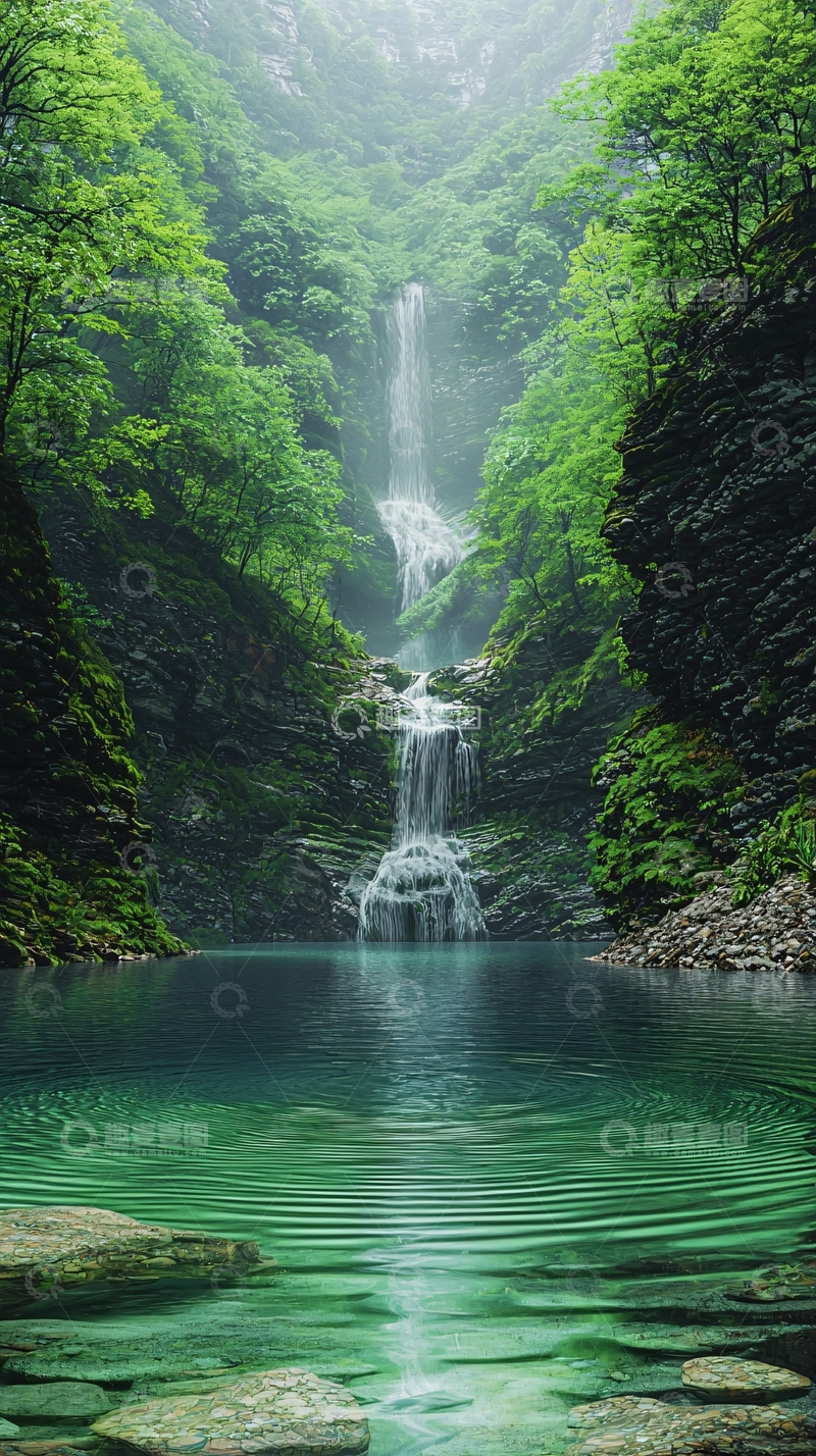 高清大图下载【趣麦麦图】翠绿山间瀑布倾泻而下