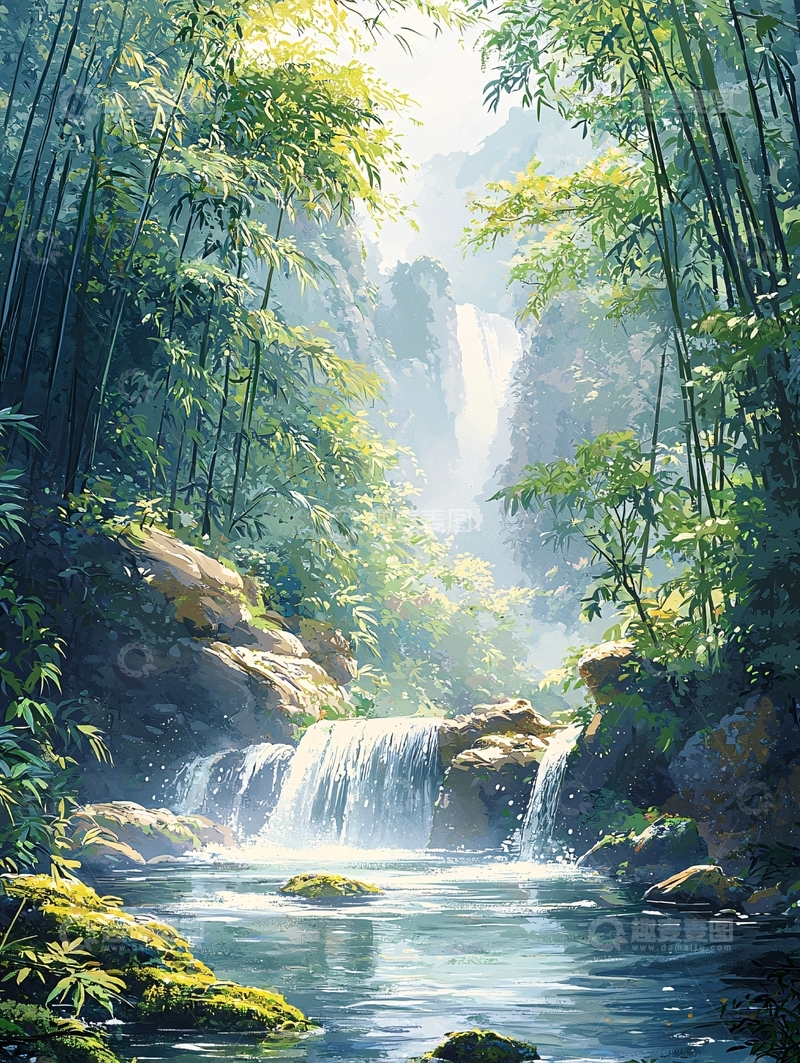 高清大图下载【趣麦麦图】阳光透过竹林瀑布