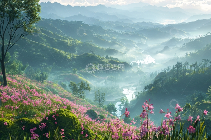 高清大图下载【趣麦麦图】绿意盎然的山谷云雾缭绕