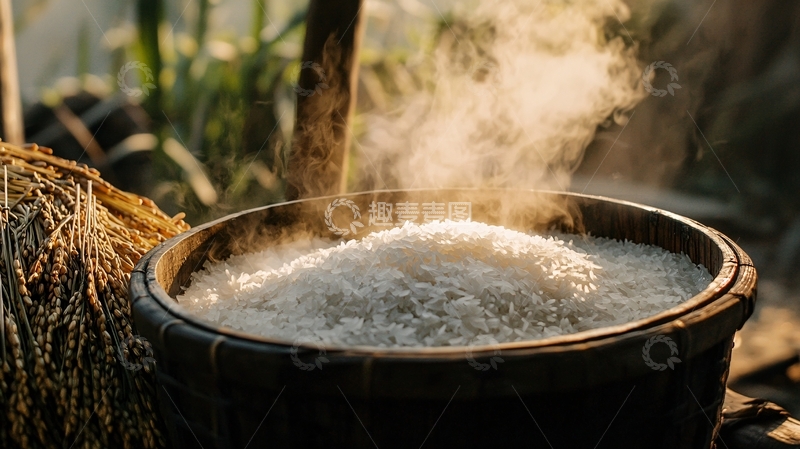 高清大图下载【趣麦麦图】大木桶里煮米饭
