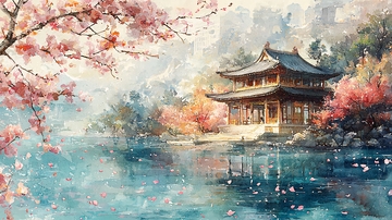 水彩风格的亚洲风景画