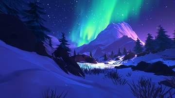 极光下的雪山景色