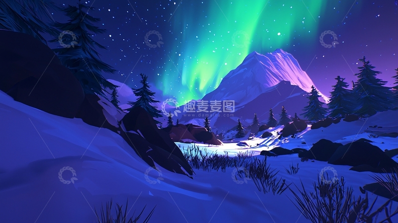 高清大图下载【趣麦麦图】极光下的雪山景色