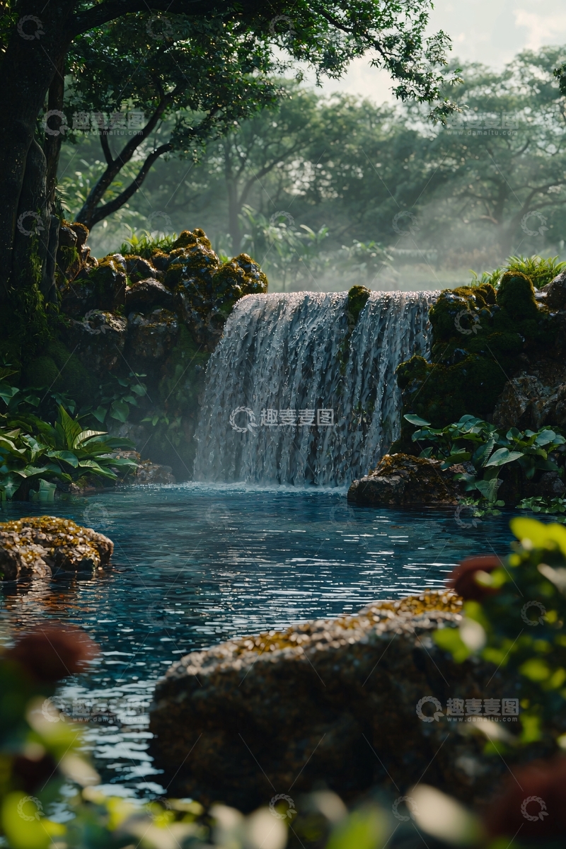 高清大图下载【趣麦麦图】森林中的小瀑布