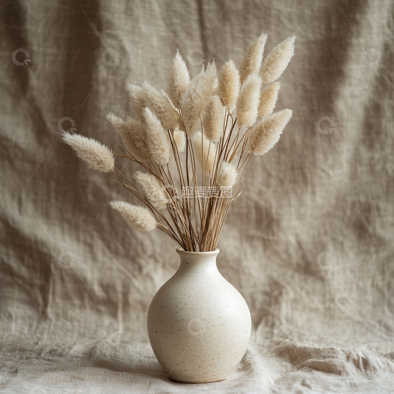 高清大图下载【趣麦麦图】米色花瓶中毛茸茸的干花