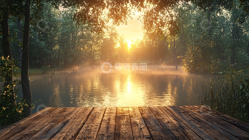 高清大图下载【趣麦麦图】清晨湖边木栈道