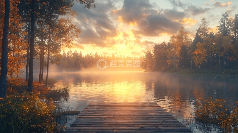 高清大图下载【趣麦麦图】秋日清晨湖边木栈道